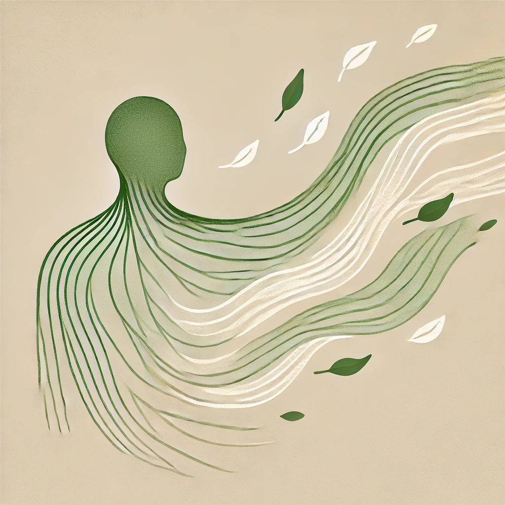 DALL·E 2024-11-28 10.45.03 - A simple, minimalistic drawing illustrating the concept of a liberated spirit. The artwork uses soft tones of green and beige, depicting a human silho